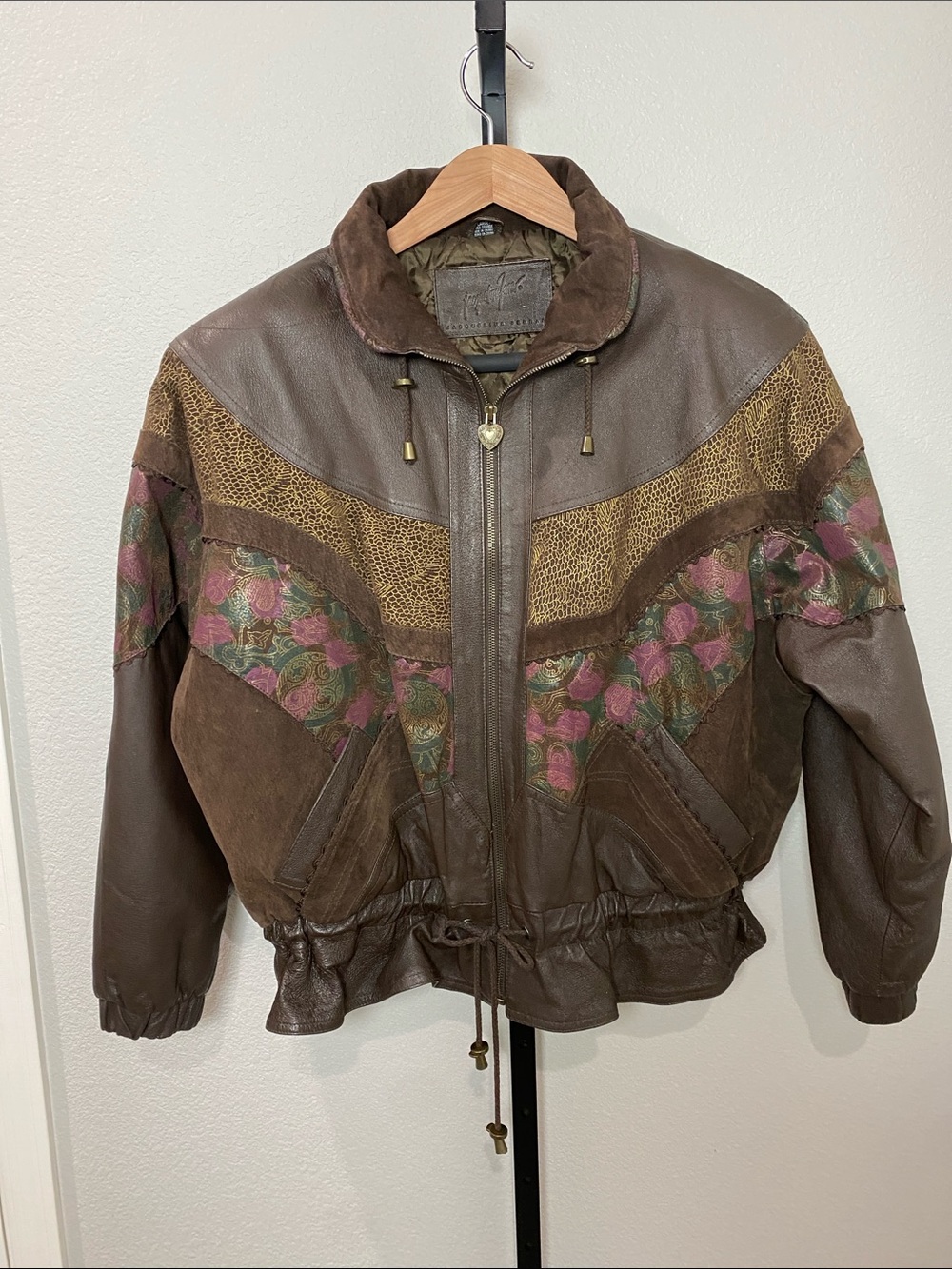 RARE VINTAGE Women's Chocolate Brown Mixed-Media Leather Bomber Jacket XL